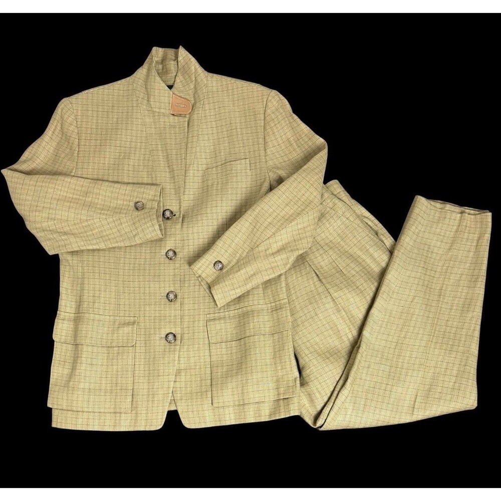 Vintage Ralph Lauren Suit Set Womens 14 Brown Linen Leather 2 Piece Pant Suit
